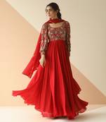 Red Heavy Yoke Bell Sleeve Jaal Anarkali With Border Dupatta