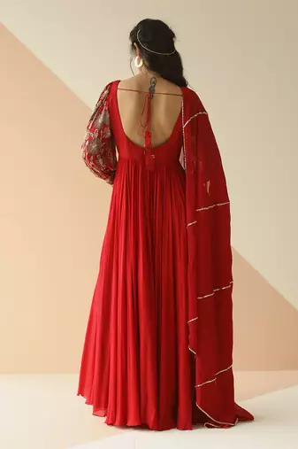 Red Heavy Yoke Bell Sleeve Jaal Anarkali With Border Dupatta