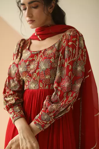 Red Heavy Yoke Bell Sleeve Jaal Anarkali With Border Dupatta