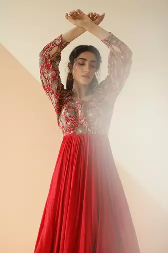 Red Heavy Yoke Bell Sleeve Jaal Anarkali With Border Dupatta