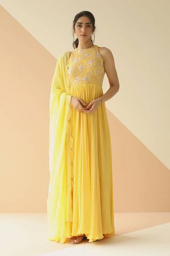 Yellow Abstract Anarkali With Scallop Dupatta