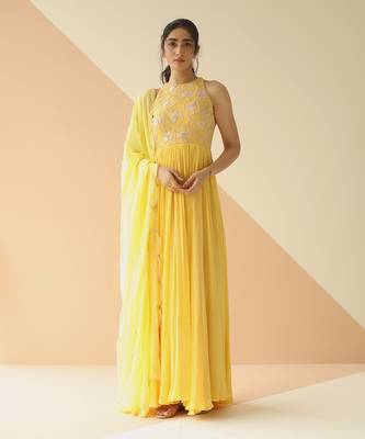 Yellow Abstract Anarkali With Scallop Dupatta 1