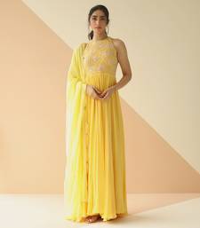Yellow Abstract Anarkali With Scallop Dupatta
