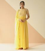 Yellow Abstract Anarkali With Scallop Dupatta