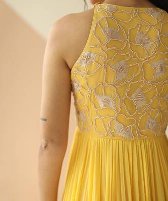 Yellow Abstract Anarkali With Scallop Dupatta 3