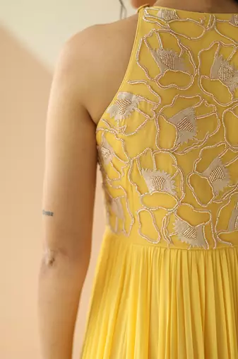 Yellow Abstract Anarkali With Scallop Dupatta