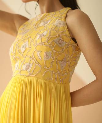 Yellow Abstract Anarkali With Scallop Dupatta 4