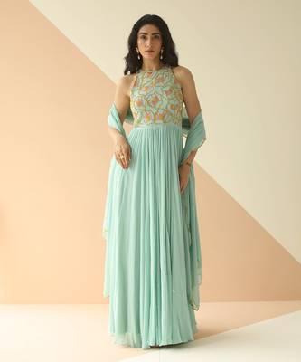 Mint Blue Abstract Anarkali With Scallop Dupatta 1