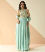 Mint Blue Abstract Anarkali With Scallop Dupatta