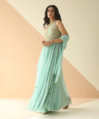 Mint Blue Abstract Anarkali With Scallop Dupatta 2
