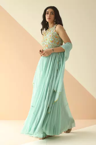 Mint Blue Abstract Anarkali With Scallop Dupatta