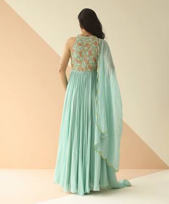 Mint Blue Abstract Anarkali With Scallop Dupatta 3