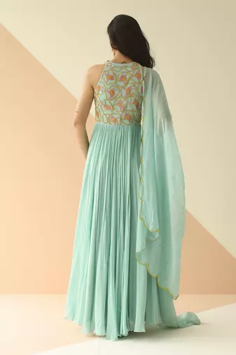 Mint Blue Abstract Anarkali With Scallop Dupatta