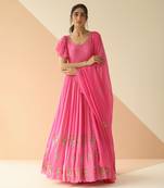 Bubble Pink Half Kali Anarkali With Scallop Butti Dupatta
