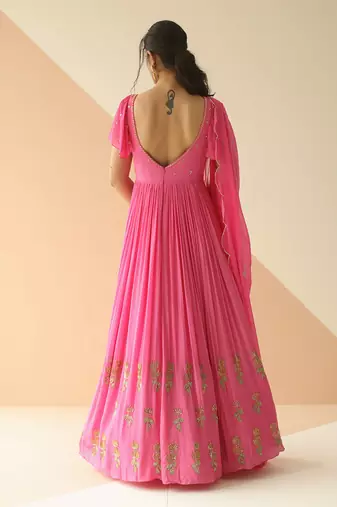 Bubble Pink Half Kali Anarkali With Scallop Butti Dupatta