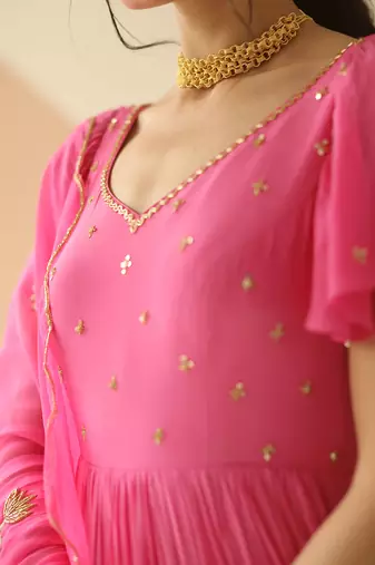 Bubble Pink Half Kali Anarkali With Scallop Butti Dupatta