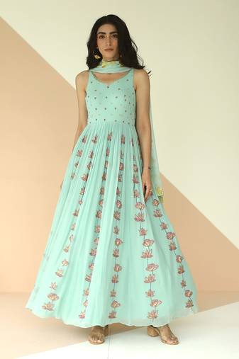 Mint Blue Full Kali Anarkali With Cutwork Border Dupatta
