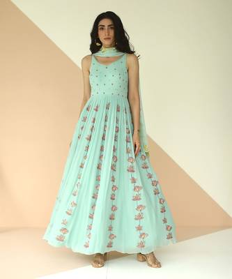 Mint Blue Full Kali Anarkali With Cutwork Border Dupatta 1