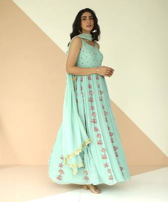 Mint Blue Full Kali Anarkali With Cutwork Border Dupatta 2