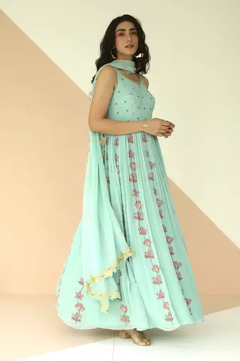 Mint Blue Full Kali Anarkali With Cutwork Border Dupatta
