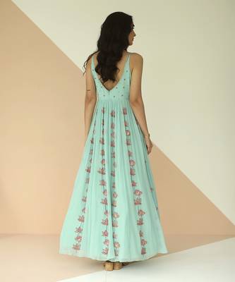 Mint Blue Full Kali Anarkali With Cutwork Border Dupatta 3