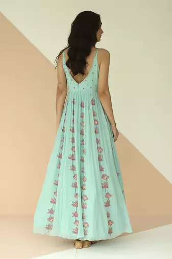 Mint Blue Full Kali Anarkali With Cutwork Border Dupatta
