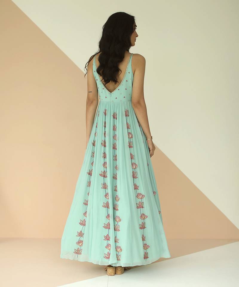 Mint Blue Full Kali Anarkali With Cutwork Border Dupatta