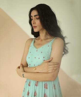 Mint Blue Full Kali Anarkali With Cutwork Border Dupatta 4