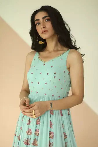 Mint Blue Full Kali Anarkali With Cutwork Border Dupatta