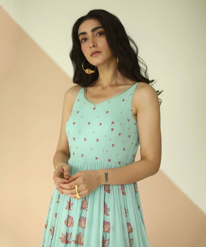 Mint Blue Full Kali Anarkali With Cutwork Border Dupatta