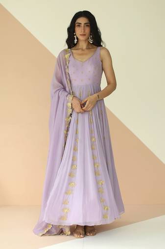 Lavender Full Kali Anarkali With Cutwork Border Dupatta
