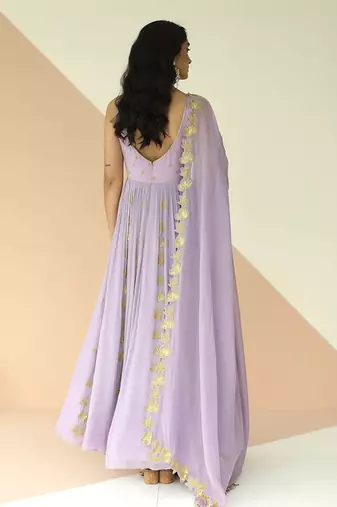 Lavender Full Kali Anarkali With Cutwork Border Dupatta