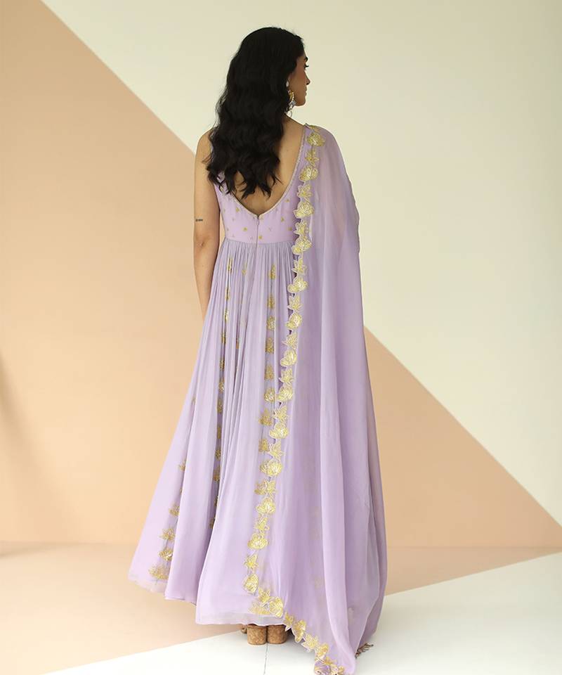 Lavender Full Kali Anarkali With Cutwork Border Dupatta