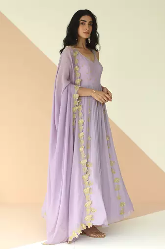 Lavender Full Kali Anarkali With Cutwork Border Dupatta