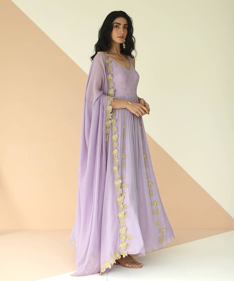 Lavender Full Kali Anarkali With Cutwork Border Dupatta