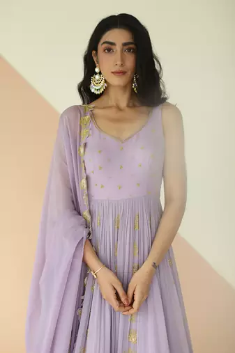 Lavender Full Kali Anarkali With Cutwork Border Dupatta