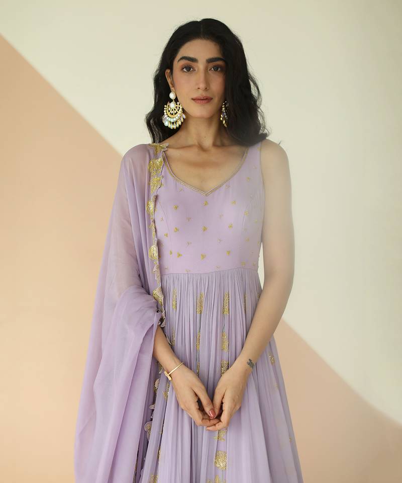 Lavender Full Kali Anarkali With Cutwork Border Dupatta