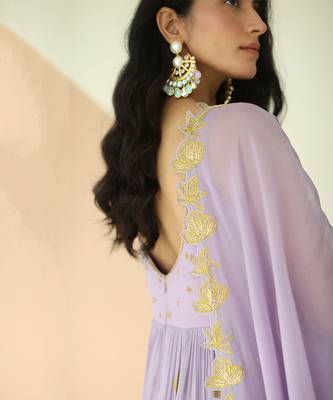 Lavender Full Kali Anarkali With Cutwork Border Dupatta 5