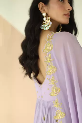 Lavender Full Kali Anarkali With Cutwork Border Dupatta