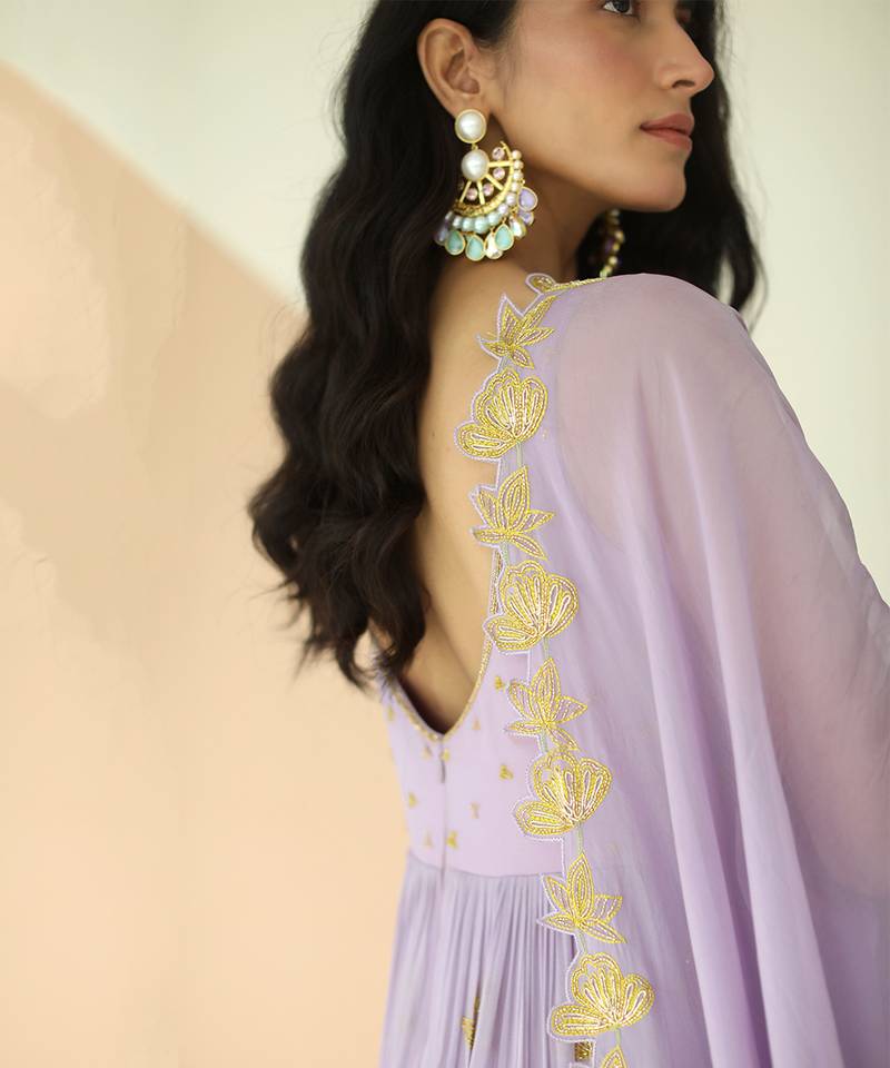 Lavender Full Kali Anarkali With Cutwork Border Dupatta