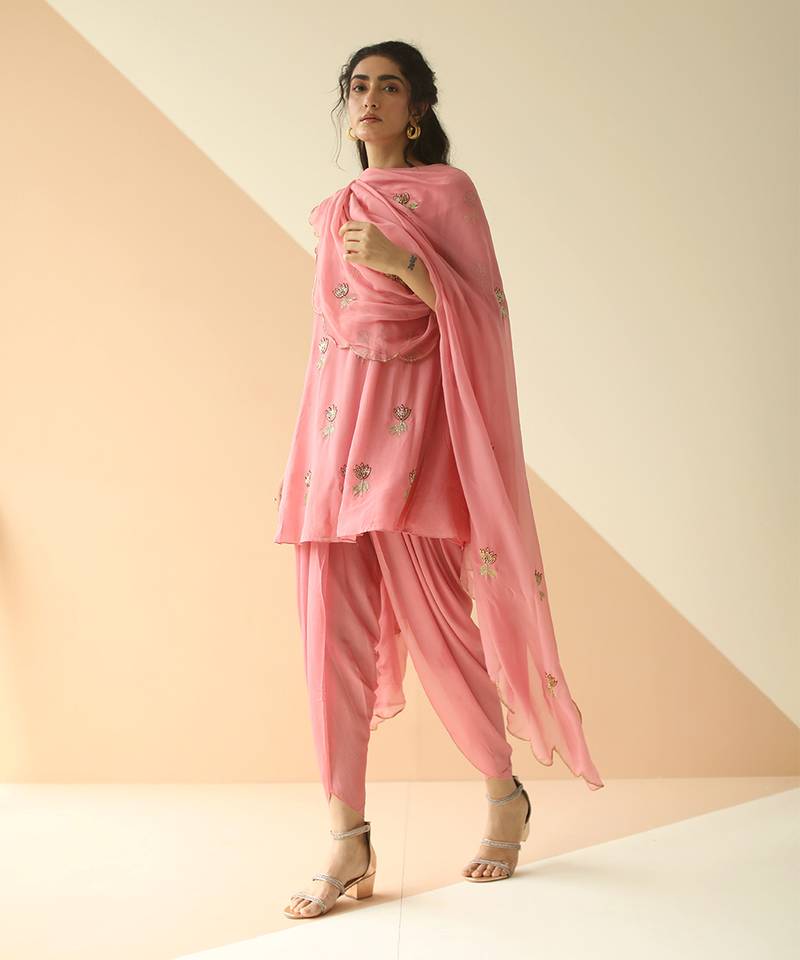 Pink Mauve Butti Peplum Dhoti With Scallop Dupatta