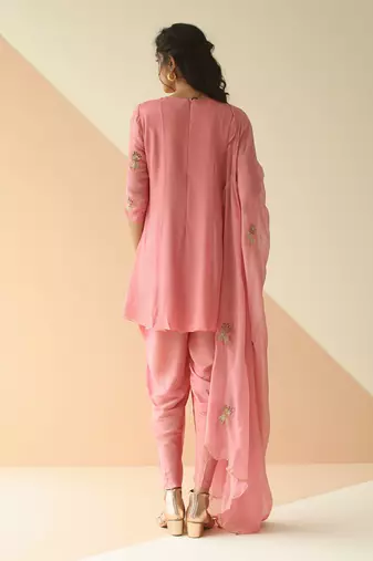 Pink Mauve Butti Peplum Dhoti With Scallop Dupatta