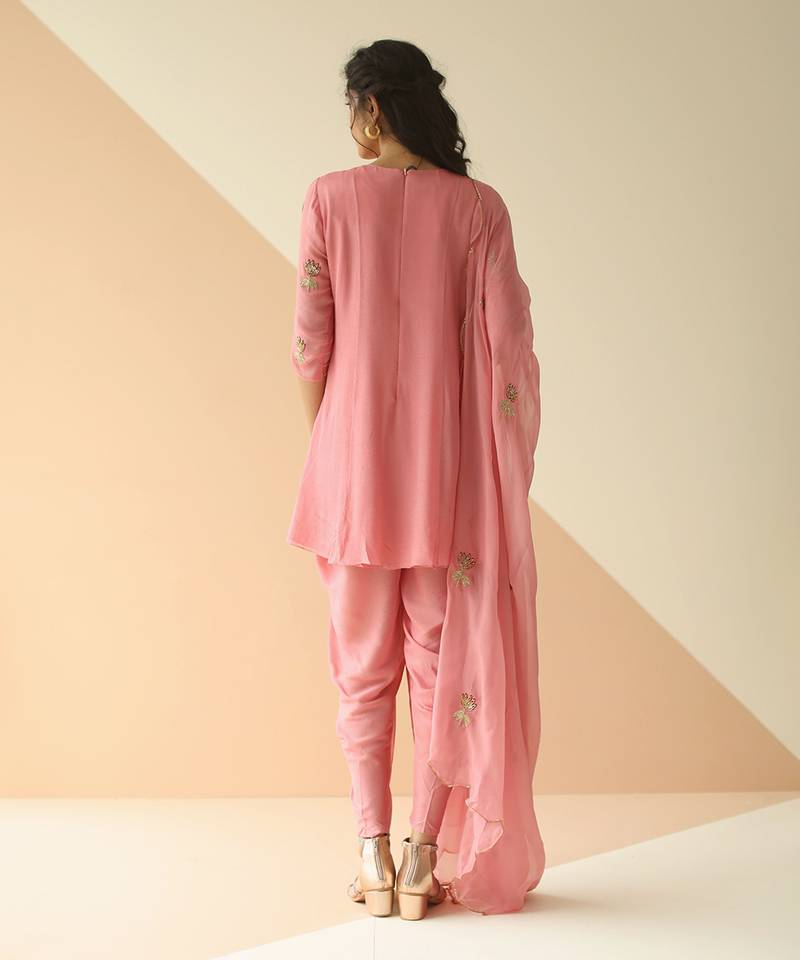 Pink Mauve Butti Peplum Dhoti With Scallop Dupatta