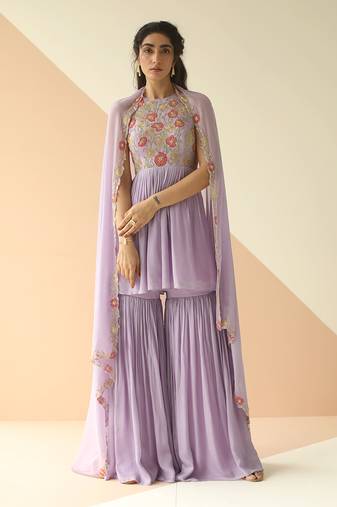 Lavender Heavy Yoke Peplum Gharara With Cutwork Border Dupatta