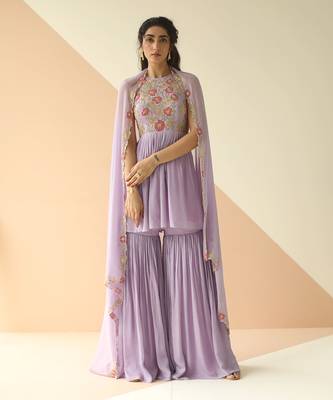 Lavender Heavy Yoke Peplum Gharara With Cutwork Border Dupatta 1