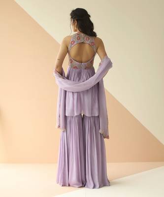 Lavender Heavy Yoke Peplum Gharara With Cutwork Border Dupatta 2