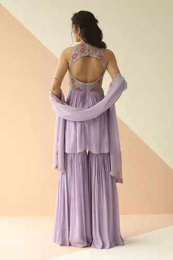 Lavender Heavy Yoke Peplum Gharara With Cutwork Border Dupatta