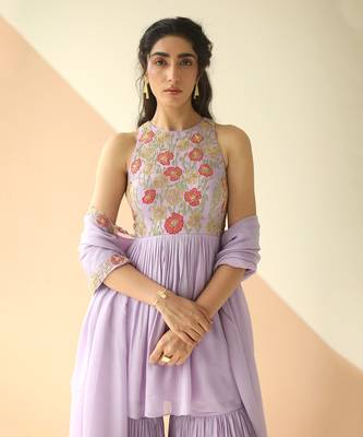 Lavender Heavy Yoke Peplum Gharara With Cutwork Border Dupatta 3