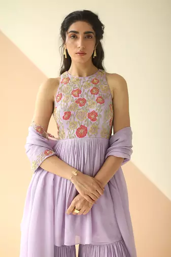 Lavender Heavy Yoke Peplum Gharara With Cutwork Border Dupatta