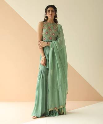 Dark Mint Heavy Yoke Peplum Gharara With Cutwork Border Dupatta 1